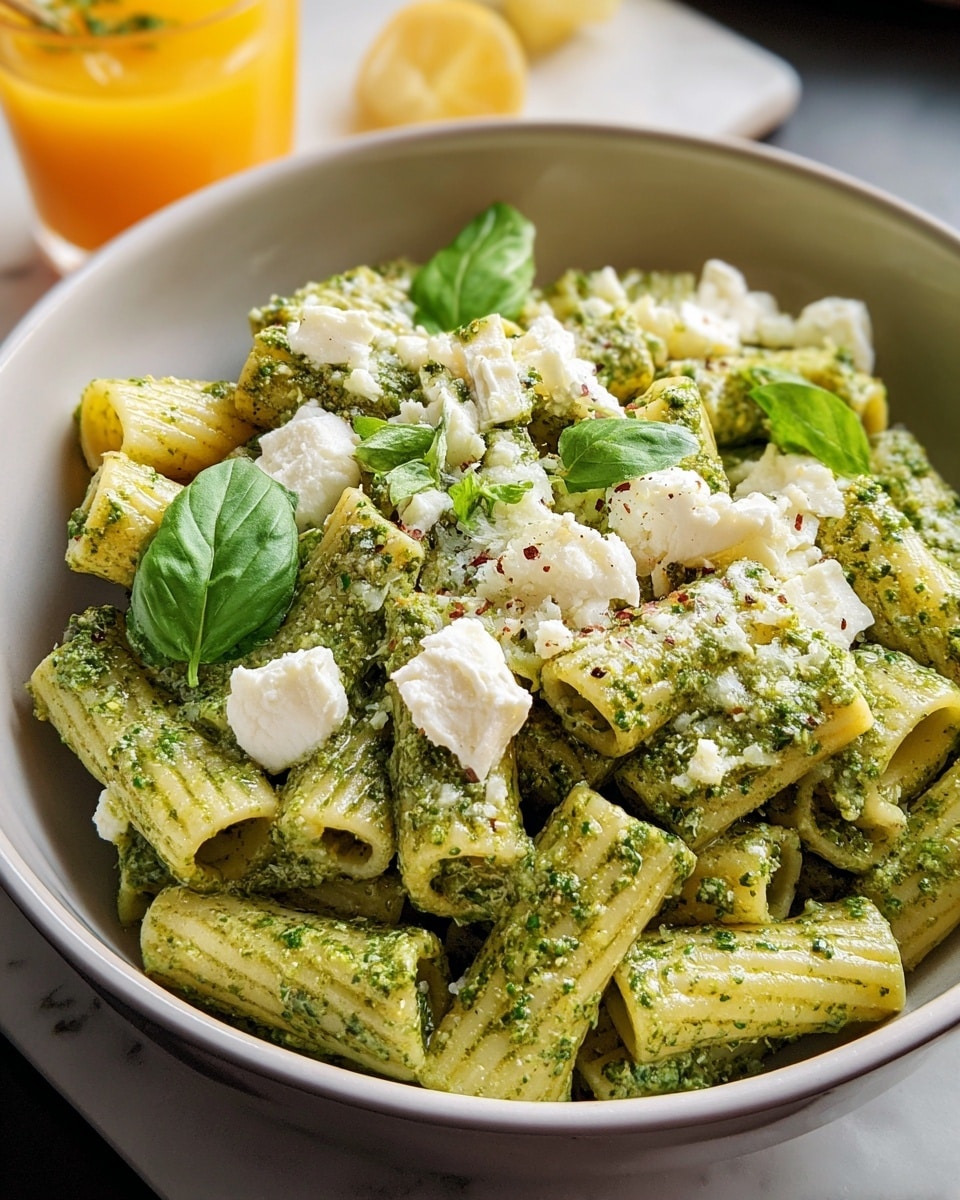 A close-up view of a white bowl filled with rigatoni pasta coated in bright green pesto sauce, showing a textured mix of small herb pieces blended with oil, covering each tube-shaped pasta piece evenly. On top, there are several small chunks of white cheese scattered loosely, adding contrast in color and texture. Fresh basil leaves peek out from one side, adding a vibrant green accent. The bowl rests on a white marbled surface with parts of a lemon wedge and a glass of orange juice blurred in the background. photo taken with an iphone --ar 4:5 --v 7