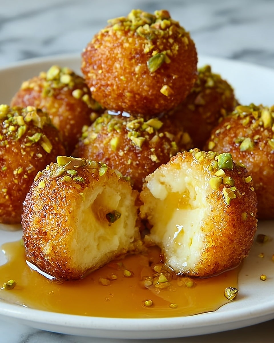 The image shows a close-up of seven round golden-brown balls on a white plate, each ball covered with a crumbly outer layer that looks crispy and is sprinkled with small pieces of green pistachio nuts. One ball in the front is cut open, revealing a soft, creamy, pale yellow inside with a few pistachio pieces embedded within. A glossy, amber-colored syrup pools around this open ball, creating a shiny texture that contrasts with the crumbly outside. The background surface has a white marbled texture. photo taken with an iphone --ar 4:5 --v 7