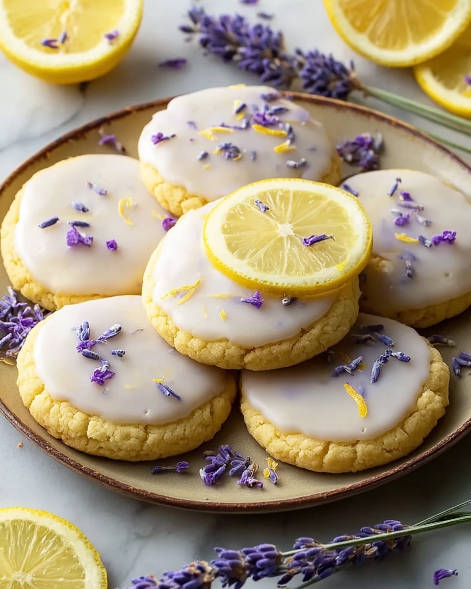 A round white plate shows a pile of seven lemon cookies with a rough, slightly cracked yellow base. Each cookie is topped with a smooth, shiny layer of white icing, decorated with small purple lavender buds and tiny bits of lemon zest scattered on top. One cookie on top has a thin, round slice of lemon beneath the icing, showing the pale yellow lemon flesh and rind. Around the plate, there are more lemon slices and sprigs of lavender, all set on a white marbled surface. photo taken with an iphone --ar 4:5 --v 7