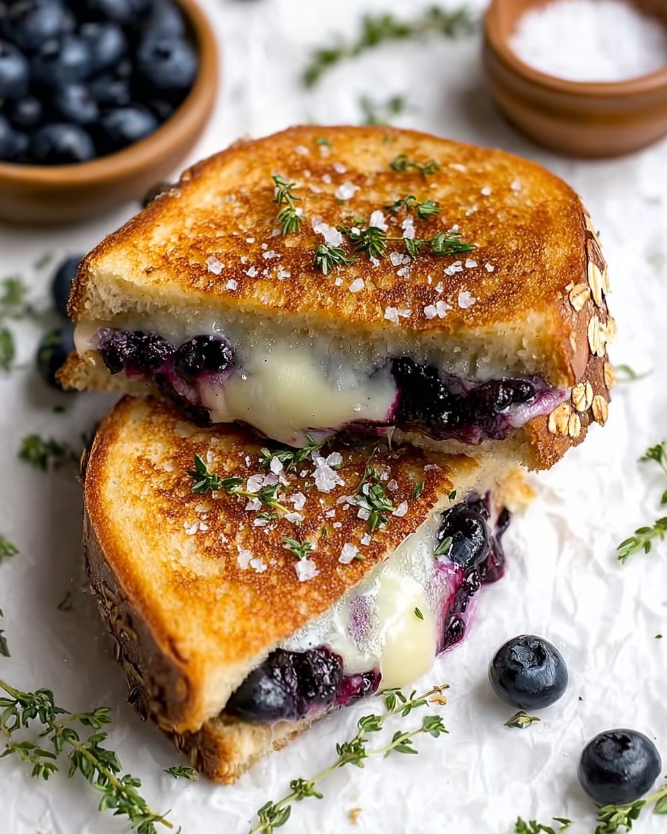 A grilled sandwich cut diagonally into two pieces is shown on a white marbled surface. The sandwich bread is golden brown and crispy with a few toasted oats visible on the crust. Inside, there are two layers: melted white cheese on top and dark purple blueberries beneath it, some slightly oozing out. Coarse salt flakes and small green sprigs of thyme are sprinkled over the top of the sandwich. Around it, fresh blueberries and thyme sprigs are scattered casually, with a small wooden bowl of blueberries and another wooden bowl filled with coarse salt visible in the background. photo taken with an iphone --ar 4:5 --v 7