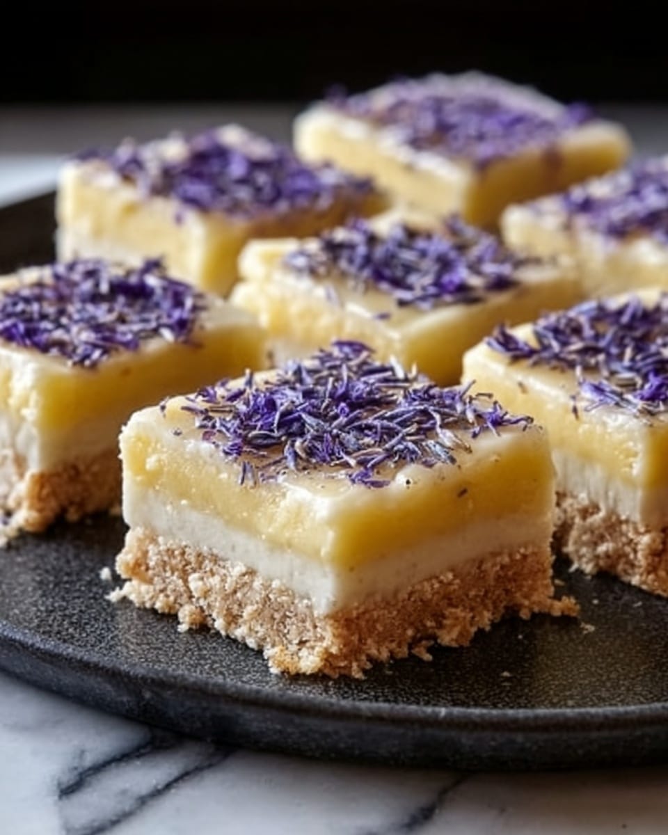 The image shows several square dessert bars placed on a dark round plate. Each bar has three layers: the bottom layer is a crumbly beige crust, the middle layer is a thick, creamy pale yellow filling, and the top layer is covered with small purple flower petals sprinkled evenly across. The plate is set on a white marbled surface. photo taken with an iphone --ar 4:5 --v 7