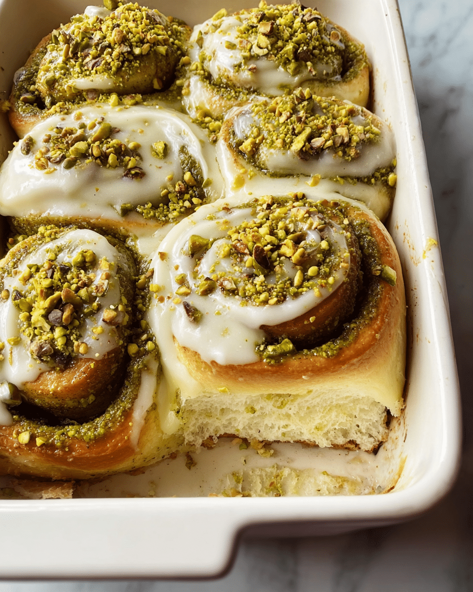 The image shows a close-up of six soft, fluffy cinnamon rolls in a white baking dish. Each roll has a light golden-brown base layer of dough, with a thick swirl of green pistachio filling on top. Over the filling is a creamy, white icing layer that is spread unevenly, giving a smooth and glossy texture. The rolls are sprinkled generously with crushed pistachio nuts, adding a rough, crunchy texture on the top. One roll is missing, showing the soft and airy inside of the dough, highlighting its fluffy texture. The dish sits on a white marbled surface. photo taken with an iphone --ar 4:5 --v 7