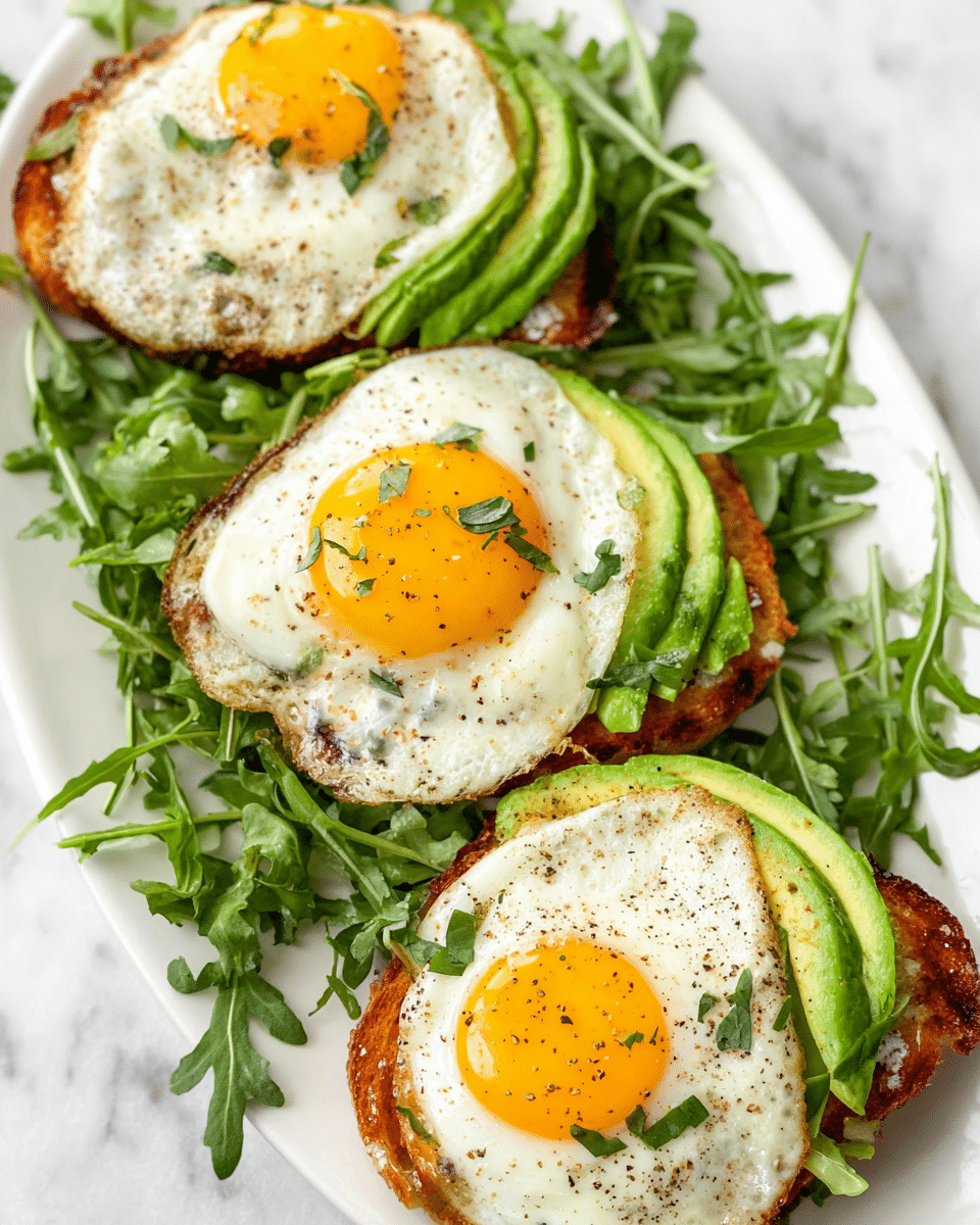 Three pieces of golden brown fried bread form the base layer on a white oval plate. Each piece is topped with fresh green slices of avocado arranged on one side, followed by a layer of a bright sunny-side-up egg with a vibrant yellow yolk and white edges slightly crispy. The eggs are sprinkled lightly with black pepper and small green herb leaves. Around the bread pieces, fresh green arugula leaves add a leafy texture and color, placed loosely over the white marbled surface background. photo taken with an iphone --ar 4:5 --v 7