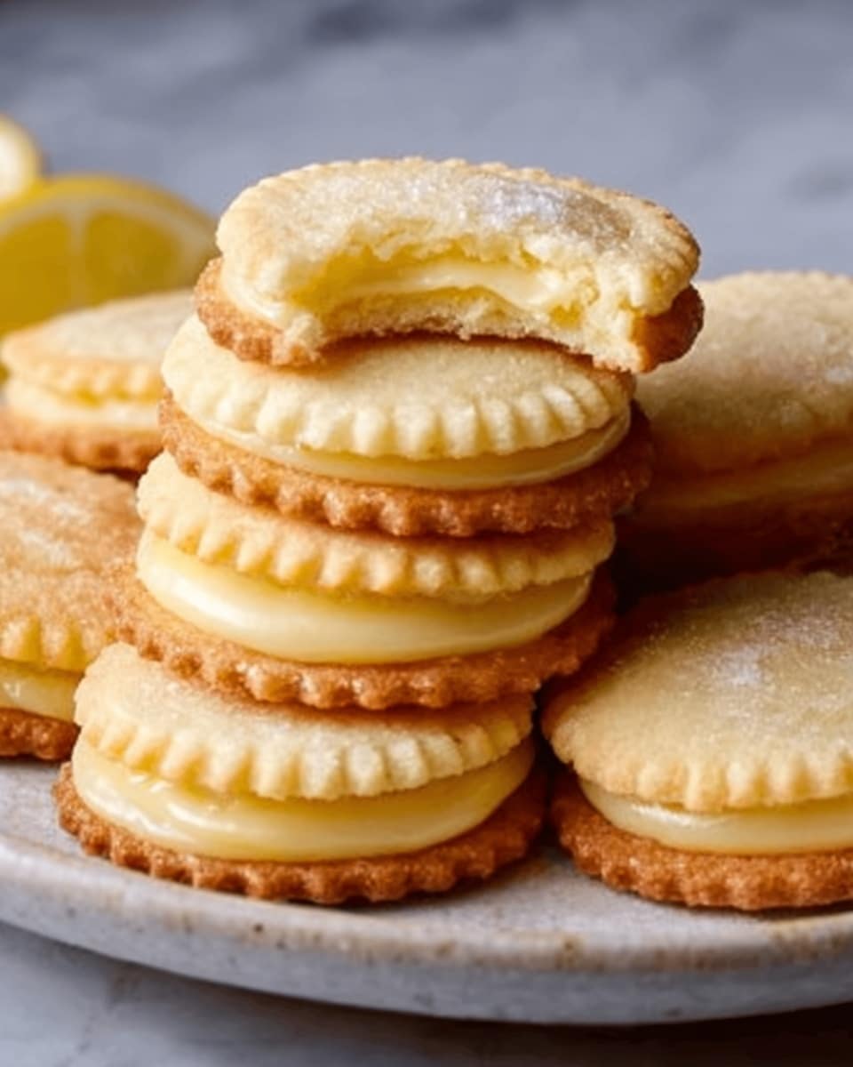 A stack of round cookies is arranged on a white plate, each cookie featuring a slightly golden outer crust and a soft, light beige center. The cookies have slightly scalloped edges, and the top cookie is broken open to reveal a creamy, pale yellow filling that looks smooth and soft. The plate sits on a white marbled surface, creating a clean and bright background for the warm tones of the cookies. Photo taken with an iphone --ar 4:5 --v 7