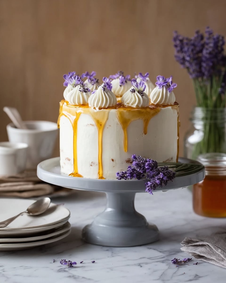 A small round cake with smooth white frosting stands on a tall grey cake stand set on a white marbled surface. The cake is topped with a shiny golden honey drizzle that runs down the sides unevenly. On top, there are swirls of white cream with small purple lavender flowers placed on each swirl. A small bunch of lavender flowers rests on one side at the base of the cake. In the background, there is a jar of purple flowers and a small jar of honey. To the left, a stack of plain white plates with a spoon on the top plate can be seen. photo taken with an iphone --ar 4:5 --v 7