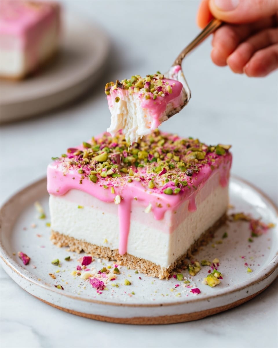 A square dessert with three visible layers sits on a white plate over a white marbled surface: the bottom layer is a solid light brown crust, the middle layer is thick and creamy white, and the top layer is a smooth, vibrant pink glaze dripping slightly down the sides. The dessert is garnished generously with chopped green pistachios and light pink sprinkles. A spoon, held by a woman's hand, scoops a piece from the top right corner, showing the creamy texture inside. photo taken with an iphone --ar 4:5 --v 7