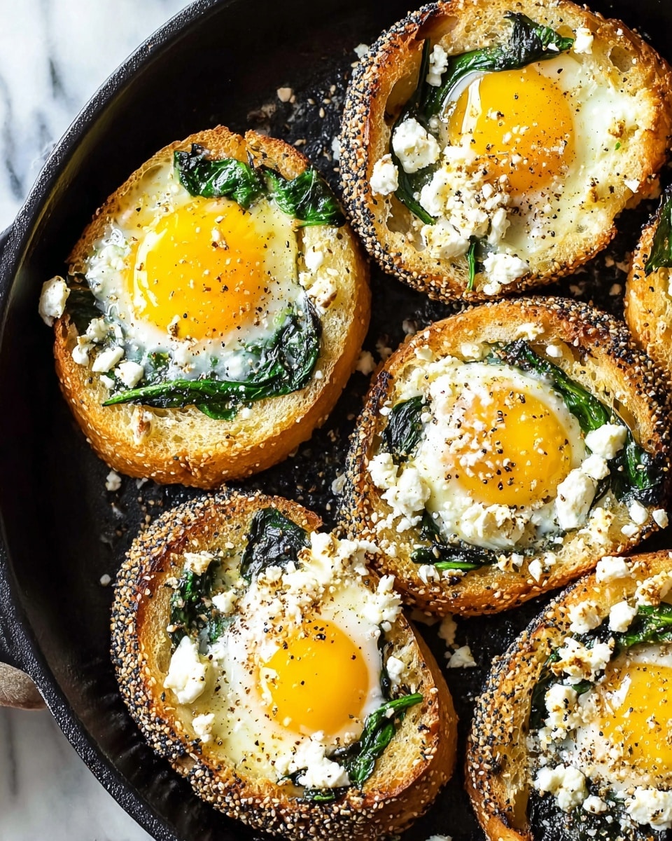 The image shows a close-up of a black skillet filled with five toasted bread rounds each topped with one cooked egg sunny side up. Each bread round has a thick, golden-brown crust sprinkled with either poppy or sesame seeds. Around the bright yellow and slightly glossy egg yolks, there are soft, wilted green spinach leaves and scattered small chunks of white cheese with a crumbly texture. The eggs and cheese have a light sprinkling of black pepper and seeds enhancing the texture. The skillet sits on a white marbled surface. photo taken with an iphone --ar 4:5 --v 7