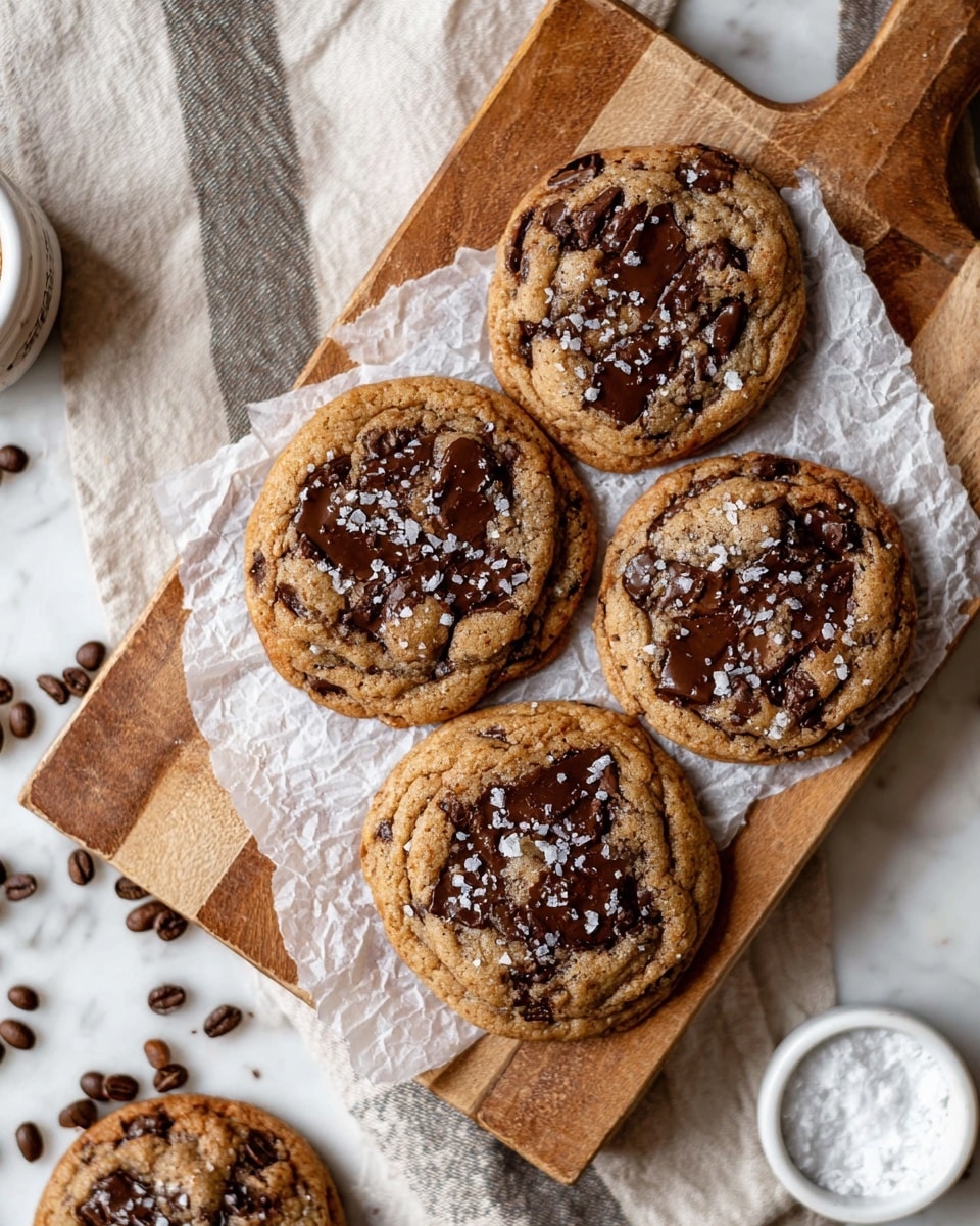 Four chocolate chip cookies are on a wooden cutting board lined with crumpled white parchment paper. The cookies have a golden brown color with melted dark chocolate chunks unevenly spread across the top, giving a glossy, soft texture in places. Coarse salt flakes are sprinkled over each cookie, adding a touch of white contrast. The board sits on a white marbled textured surface with a beige striped cloth underneath parts of it. Coffee beans and a small white bowl with coarse salt are partially visible around the edges of the scene. photo taken with an iphone --ar 4:5 --v 7