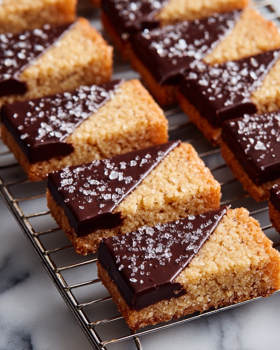 Rectangular shortbread cookies with a golden, crumbly texture are dipped halfway in dark chocolate, which has a smooth and glossy finish. The chocolate-dipped part is sprinkled lightly with coarse sugar crystals that add sparkle and texture. The cookies lie in a neat grid on a white wire rack placed over a white marbled surface. The arrangement shows every cookie at a slight diagonal angle, emphasizing the neat layering of the sugar-coated shortbread and rich dark chocolate. photo taken with an iphone --ar 4:5 --v 7