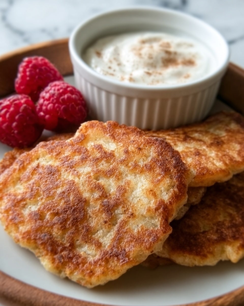 The image shows a close-up of three golden brown, crispy pancakes stacked unevenly on a white plate. The pancakes have a rough and slightly bubbly texture on top. To the side of the plate, there are two bright red raspberries with a soft, bumpy surface. Next to the raspberries is a small white ceramic bowl filled with creamy white yogurt dusted with some brown spices. The background is a white marbled texture. Photo taken with an iphone --ar 4:5 --v 7