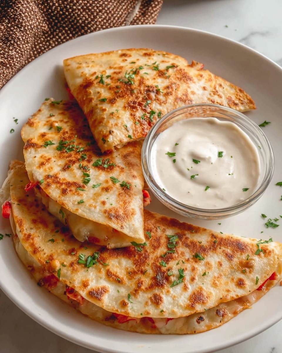 A white plate with three folded, golden-brown quesadillas arranged in a semi-circle. Each quesadilla has a slightly crispy texture with some darker browned spots and finely chopped green herbs sprinkled on top. Inside, melted cheese and bits of red peppers peek from the edges. A small bowl filled with smooth, creamy white sauce sits in the center of the plate. The background shows a white marbled surface and a brown woven cloth partially visible behind the plate. Photo taken with an iphone --ar 4:5 --v 7