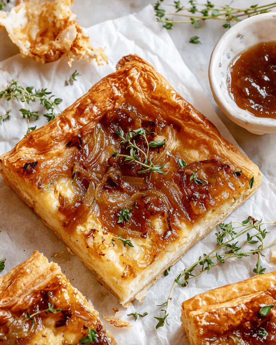 A square slice of puff pastry tart sits on white parchment over a white marbled surface, showing two main layers: a thick, golden-brown crispy base and a top layer of glossy, caramelized onions mixed with melted cheese, sprinkled lightly with fresh green thyme leaves. Surrounding the tart are sprigs of thyme and pieces of golden crust, with a small white bowl filled with shiny, amber-colored chutney on the side. One corner of the tart shows a flaky crust edge that is crispy and slightly puffed. photo taken with an iphone --ar 4:5 --v 7