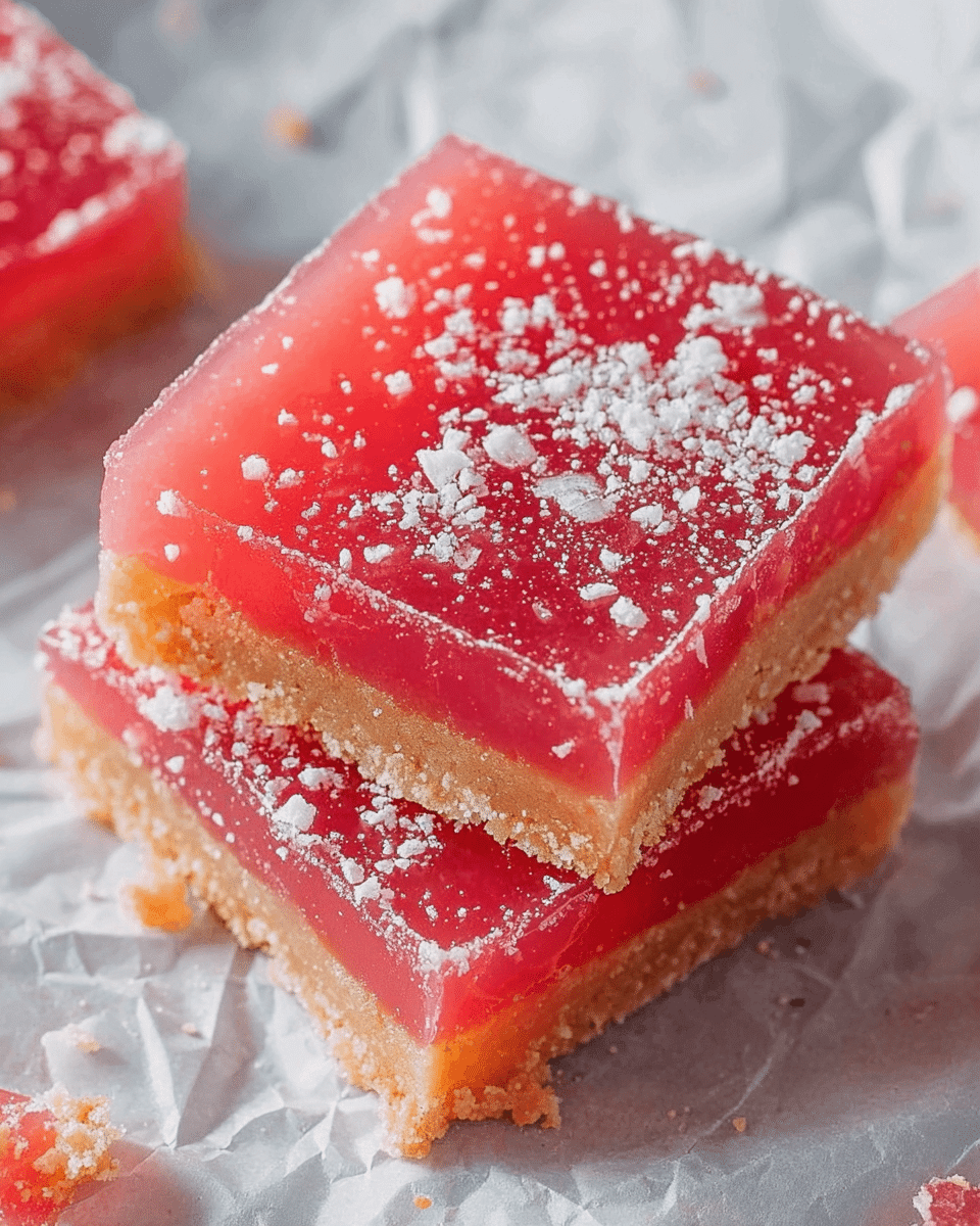The image shows two square dessert bars stacked slightly on top of each other on a sheet of crumpled white parchment paper over a white marbled texture. Each bar has two clear layers: a smooth, bright pink translucent top layer with a shiny, jelly-like texture sprinkled with white powdered sugar, and a solid, light brown crumbly base layer that looks like a cookie or crust. There are small crumbs and pieces of the pink layer scattered around the bars. The photo taken with an iphone --ar 4:5 --v 7