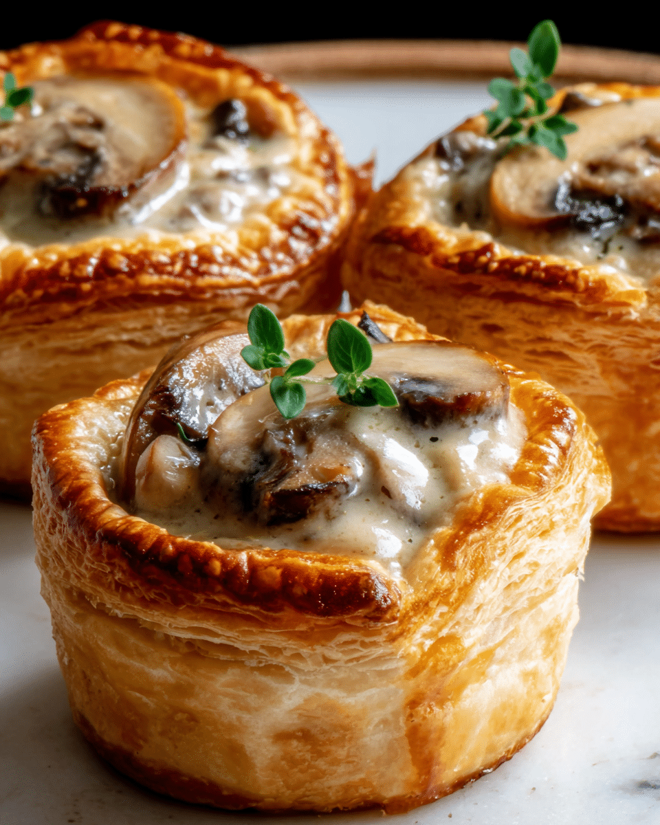 The image shows three small golden-brown puff pastry cups filled with creamy mushroom sauce. Each cup has layered, flaky pastry with a slightly shiny, crispy top edge, holding a thick light beige sauce with visible sliced mushrooms in the center. A small green herb leaf decorates the top of each pastry, adding a touch of color. The pastries are placed on a white marbled surface, and the close-up view highlights the crisp texture of the pastry and the smooth creaminess of the sauce inside. Photo taken with an iphone --ar 4:5 --v 7
