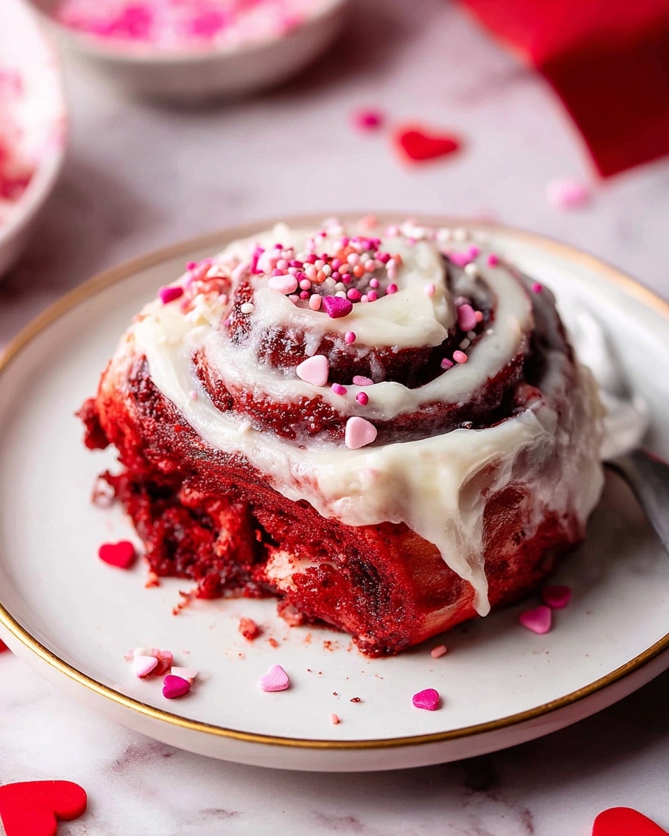 A single red velvet cinnamon roll sits on a white plate with a thin gold rim, showing its spiraled layers of deep red dough and cream cheese glaze swirled on top. The glaze mainly covers the top and drips slightly down the sides, decorated with small pink and red heart-shaped and round sprinkles. The roll's texture looks soft and moist with visible cinnamon swirls. Surrounding are blurred red and pink heart sprinkles and soft lighting that highlights the rich red color of the pastry against a white marbled surface. Photo taken with an iphone --ar 4:5 --v 7