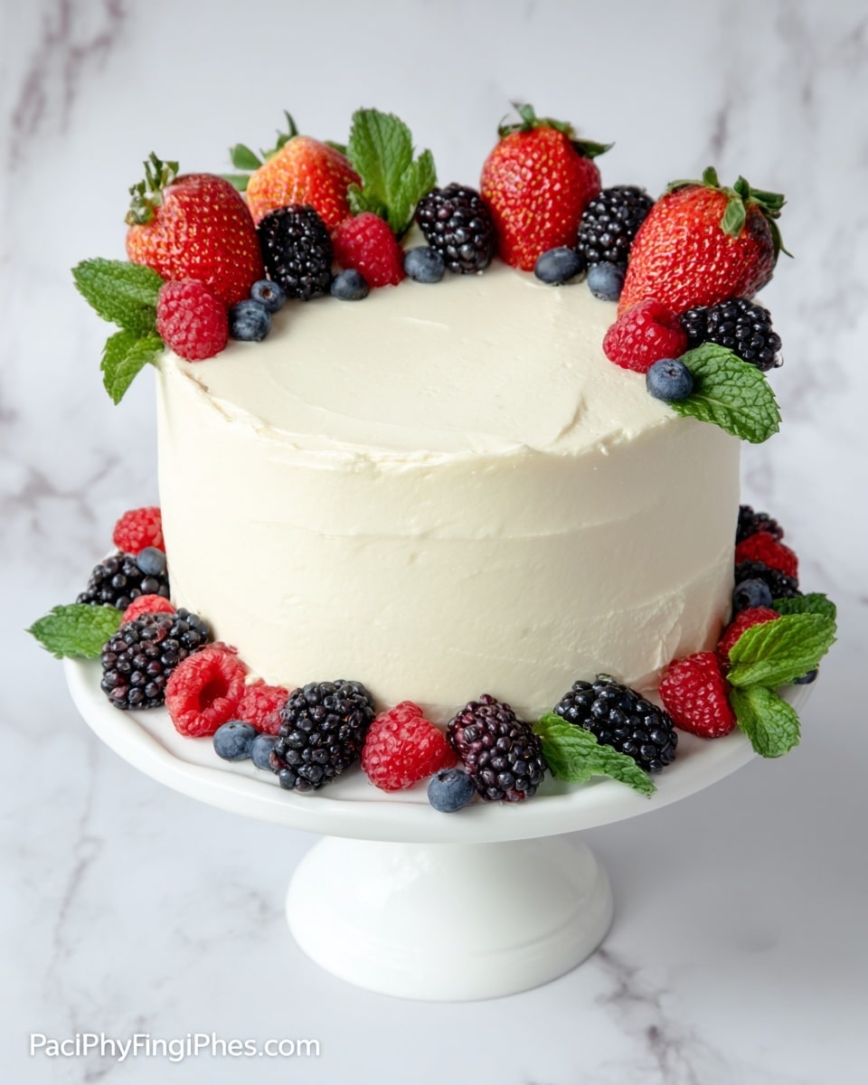 A two-layer round cake covered smoothly with white frosting sits on a white cake stand. The top edge is decorated with a mix of fresh strawberries, raspberries, blackberries, blueberries, and sprigs of green mint leaves, forming a colorful ring. Some whole strawberries and blackberries along with a few blueberries and mint leaves are also arranged around the base of the cake. The background is a white marbled texture. Photo taken with an iphone --ar 4:5 --v 7