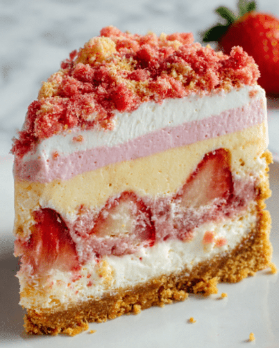 The image shows a slice of layered strawberry cheesecake with four distinct layers. At the bottom, there is a thick, golden-brown crumbly crust. Above that, a creamy pale yellow cheesecake layer is mixed with visible pieces of fresh red strawberries. The third layer is light pink, smooth and creamy, topped with a thin white cream layer. The very top is covered with a crumbly strawberry topping in bright pink and red colors. The slice is placed on a white plate set on a white marbled surface. Photo taken with an iphone --ar 4:5 --v 7