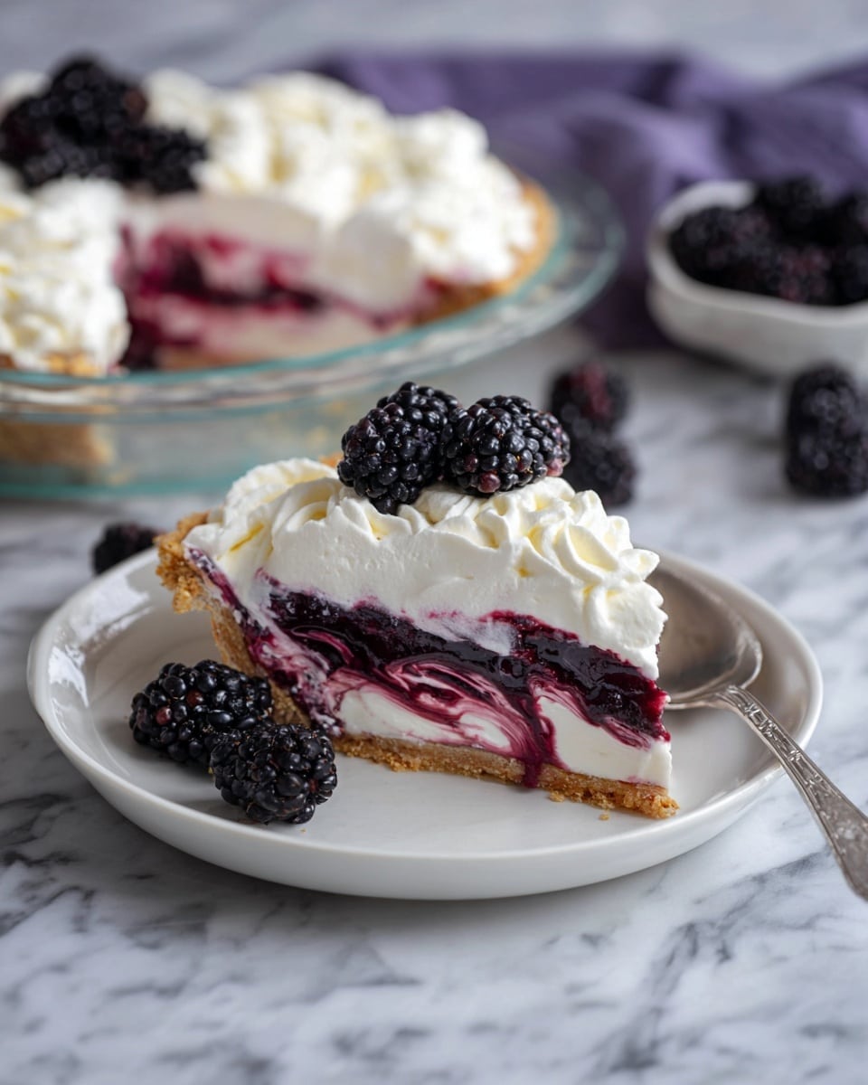 The image shows a slice of blackberry cream pie on a white plate, placed on a white marbled surface. The pie slice has four main layers: a light brown crumbly crust at the bottom, a thick white cream layer above it, a layer of white cream swirled with dark purple blackberry sauce in the middle, and a topping of fluffy white whipped cream. Fresh blackberries are placed on top of the whipped cream and around the slice on the plate. In the background, the rest of the pie in a clear glass pie dish is visible, showing the same layers with more blackberries on top. A silver spoon rests next to the plate. photo taken with an iphone --ar 4:5 --v 7