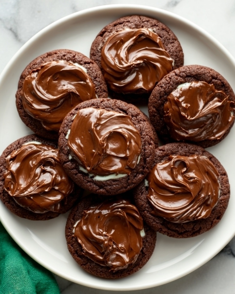 The image shows a white plate on a white marbled surface, filled with eight round chocolate cookies. Each cookie has a thick layer of shiny, swirled chocolate filling on top. The cookies are dark brown with a slightly rough texture, while the chocolate topping is smooth and glossy with lighter brown swirls. The cookies are arranged close together, covering most of the plate. photo taken with an iphone --ar 4:5 --v 7