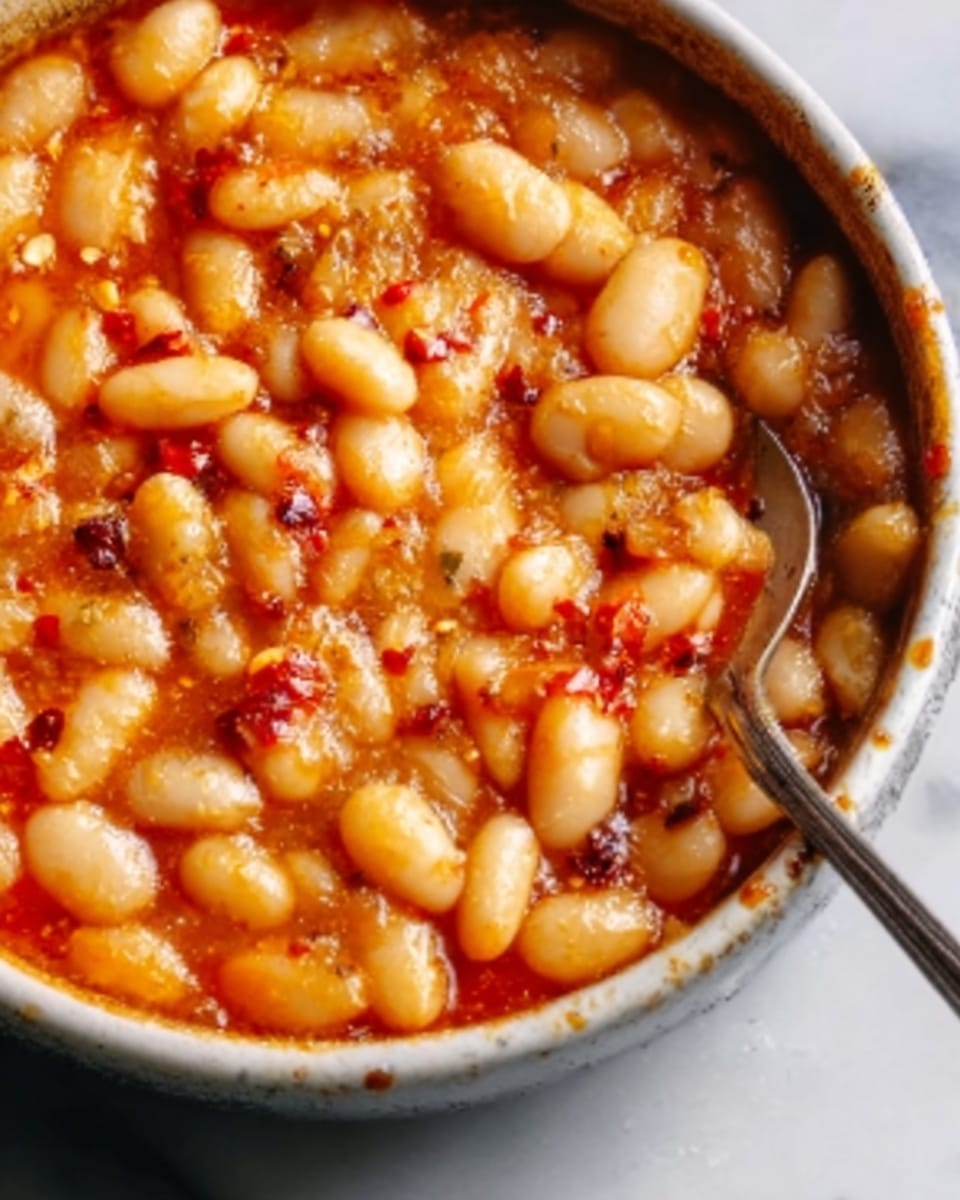 A close-up view of a dark pan filled with small, round beans covered in a thick, reddish-orange sauce. The beans are piled in a single, even layer and appear soft and tender, with the sauce having a slightly glossy texture and small bits of seasoning visible on the surface. A silver spoon is partially dipped into the beans from the right side, resting on the edge of the pan. The pan is placed on a white marbled surface. photo taken with an iphone --ar 4:5 --v 7