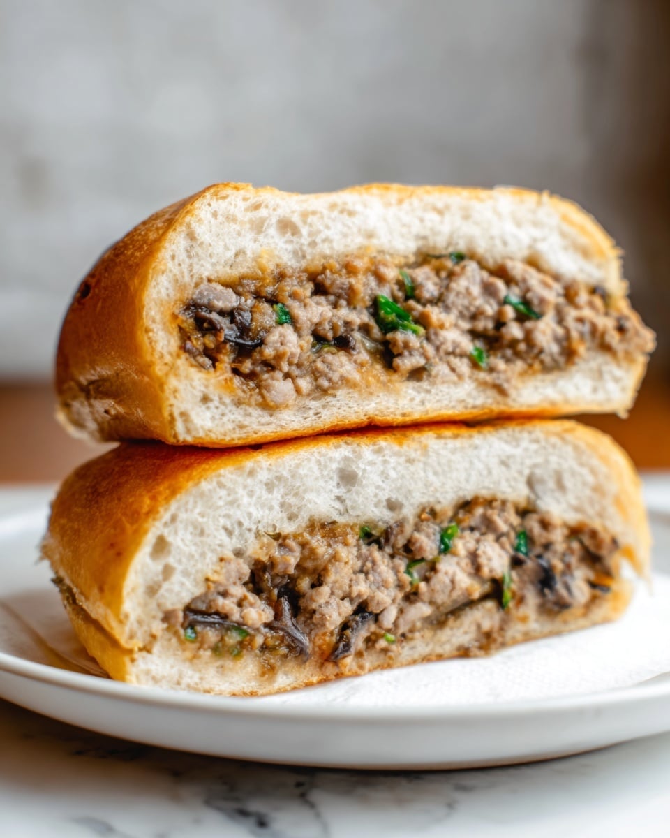The image shows a sandwich cut in half with two thick layers. The outer layer is a golden brown, toasted bun that looks soft and slightly crispy. Inside, the filling consists of finely chopped cooked meat mixed with small pieces of green herbs and some white bits, possibly onions, giving a mixed brown and green texture. The sandwich rests on white paper, placed on a white marbled surface. Photo taken with an iphone --ar 4:5 --v 7
