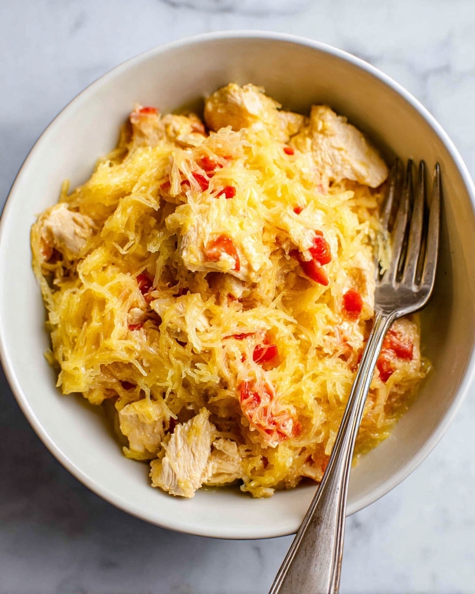 A white bowl filled with a creamy, mixed dish consisting of three main layers: chunky white pieces of cooked chicken scattered throughout, a base layer of shredded yellow cheese mixed with pale yellow cooked noodles, and small bits of soft, orange-red cooked tomatoes spread evenly. The texture looks soft and creamy, with the cheese melting over the chicken and noodles. A fork with a wooden handle is placed inside the bowl on the right side, resting on the food. The bowl sits on a white marbled textured surface. Photo taken with an iphone --ar 4:5 --v 7