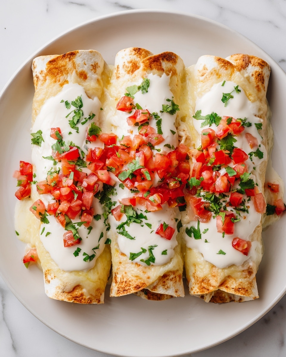 Three rolled crepes filled with a light chicken mixture are placed side by side on a white plate. Each crepe is covered with a smooth white sauce that drips slightly over the edges, topped with small diced red tomatoes and green chopped herbs scattered evenly on top. The crepes have a golden-yellow color with a soft and slightly uneven texture. The plate rests on a white marbled surface. photo taken with an iphone --ar 4:5 --v 7
