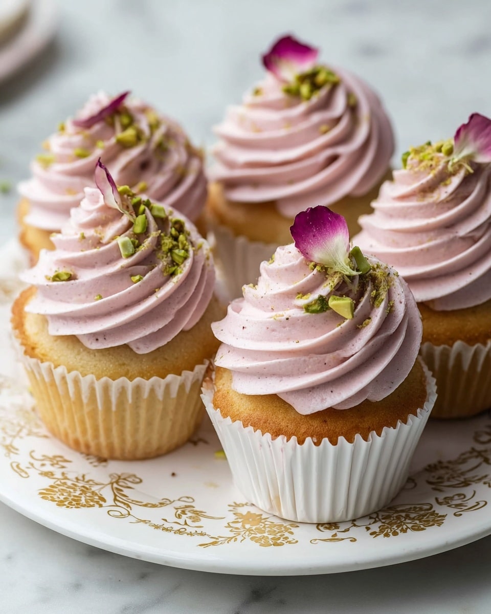 The image shows six cupcakes with a golden-brown base wrapped in white paper liners. Each cupcake is topped with a thick swirl of light pink frosting that has a smooth, creamy texture. On top of the frosting, there are small piles of finely chopped green pistachios and a single delicate pink petal on each cupcake. The cupcakes are placed closely together on a white plate with an ornate gold floral design along its scalloped edges. The background is a white marbled surface. photo taken with an iphone --ar 4:5 --v 7