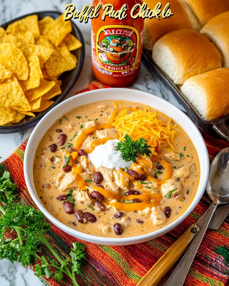 A white bowl filled with creamy, light brown buffalo chicken chili sits in the center, showing chunks of white chicken and mixed black and pinto beans with a slightly thick texture. The chili is topped with a swirl of bright orange buffalo sauce, a dollop of white sour cream, and a small pile of shredded yellow cheddar cheese. Two sprigs of fresh green parsley rest on the edge of the bowl. The bowl sits on a colorful striped cloth with warm orange, red, and green tones, placed on a white marbled surface. To the left, there are many yellow triangular corn chips, and behind the bowl is a clear bottle of bright orange hot sauce. To the right, several toasted hoagie buns lie in a dark baking pan. A silver spoon with a wooden handle sits on the cloth next to the bowl. Photo taken with an iphone --ar 4:5 --v 7
