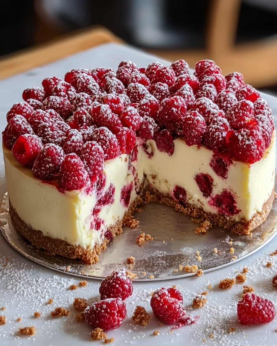 A round cheesecake with three distinct layers sits on a silver base over a white marbled surface. The bottom layer is a thick, crumbly brown crust. Above it, a thick creamy white layer is filled with whole red raspberries scattered throughout. The top layer consists of a dense topping of fresh red raspberries, dusted lightly with white powdered sugar. One slice is cut out, showing the inside of the cake and the raspberry distribution. Photo taken with an iphone --ar 4:5 --v 7