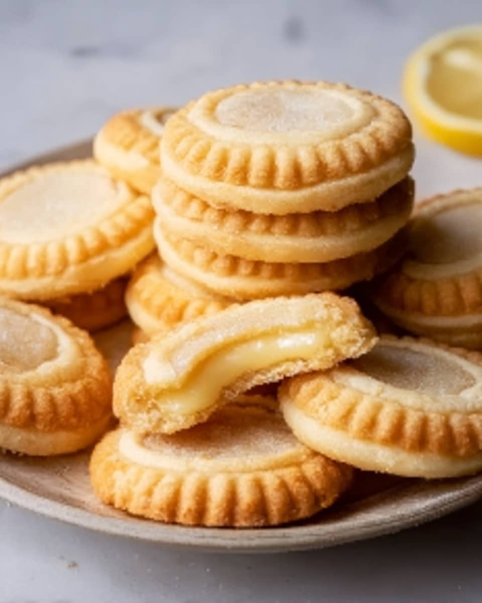 The image shows a pile of small, round cookies on a white ceramic plate with a scalloped edge. Each cookie has a golden-brown crust and is topped with a swirl of glossy, pale yellow lemon curd in the center. The cookies have a textured edge with a ridged pattern. The plate is set on a white marbled surface, creating a clean, bright background that highlights the warm tones of the cookies and lemon curd. photo taken with an iphone --ar 4:5 --v 7