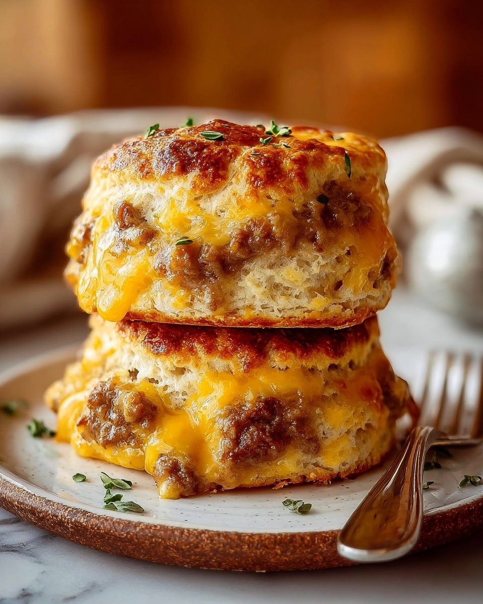 The image shows two biscuit sandwiches stacked on a white plate with a rustic brown edge, placed on a white marbled texture. Each biscuit has three visible layers: the bottom is a light, fluffy biscuit with a soft texture, the middle layer is a crumbly cooked sausage with a brownish-gray color, and the top biscuit layer is covered with melted, golden-brown cheddar cheese that is slightly crispy and bubbling. Small green herb leaves are sprinkled on the top cheese layer and scattered on the plate, adding a fresh touch. A silver fork rests on the plate beside the sandwiches. Photo taken with an iphone --ar 4:5 --v 7