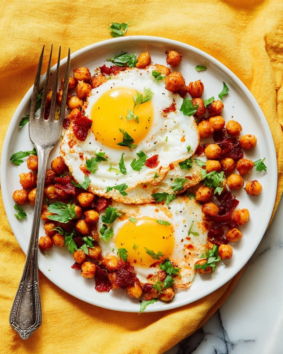 A white plate holds two fried eggs with bright yellow yolks centered on the plate, their whites surrounded by a thick layer of cooked, golden-brown chickpeas mixed with small bits of red seasoning or sauce. Fresh green chopped herbs are sprinkled on top and around the eggs, adding contrast. An ornate silver fork rests on the bottom-left edge of the plate, which is set on a yellow cloth with a soft, textured look. The photo background is adjusted to a white marbled texture. Photo taken with an iphone --ar 4:5 --v 7