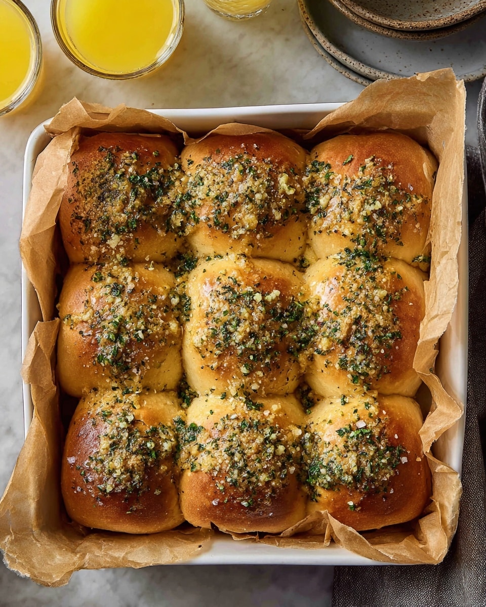 The image shows a white rectangular baking tray filled with nine golden brown dinner rolls, arranged in three rows of three. Each roll has a shiny, crisp top dotted with small bits of herbs and minced garlic, giving them texture with green and brown specks scattered on the surface. The rolls are neatly packed side by side, touching each other, with some melted garlic butter pooling and soaking slightly between them. The tray is lined with brown parchment paper that curls around the sides. Around the tray are small white bowls containing sauces and herbs, all set on a white marbled surface. photo taken with an iphone --ar 4:5 --v 7
