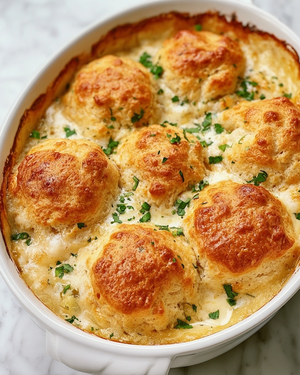 A white baking dish filled with a baked casserole topped with ten golden-brown biscuit dollops with a light, fluffy texture and slightly shiny crust. The biscuits sit on a thick, creamy sauce that has a glossy golden hue at the edges, suggesting rich melted cheese or gravy underneath. Small pieces of fresh green herbs, likely parsley, are scattered across the top, adding color contrast. The dish is placed on a white marbled surface. photo taken with an iphone --ar 4:5 --v 7