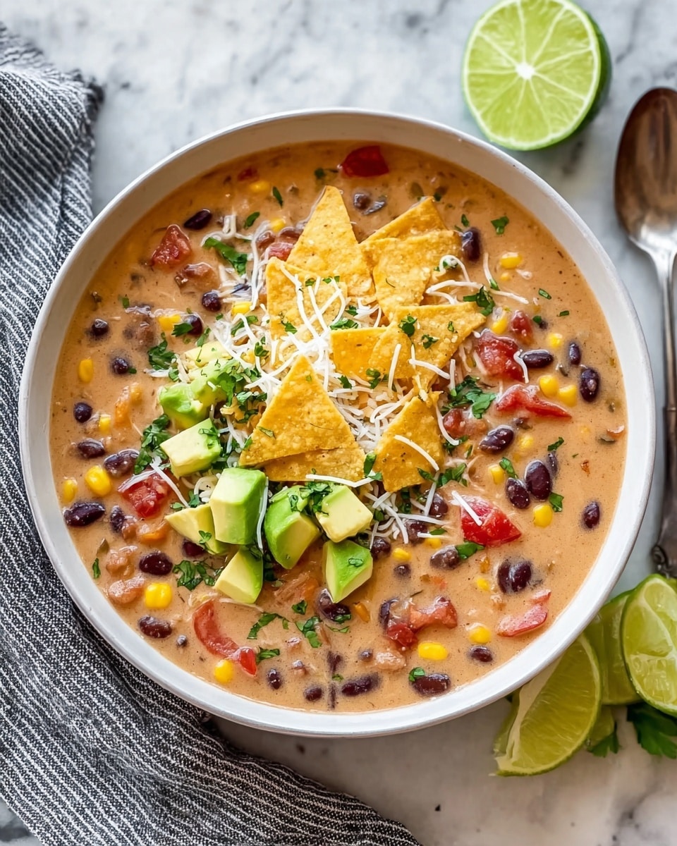 The image shows a white bowl filled with creamy bean soup that has visible black beans and corn kernels mixed throughout a thick, light brown base. On top of the soup, there are scattered melted white cheese shreds, small bright red tomato pieces, and chopped green avocado cubes. A few yellow tortilla chips rest on one side over the soup, and finely chopped green herbs are sprinkled across the top. Around the bowl, there are lime wedges on the left and loose tortilla chips to the right, all placed on a white marbled surface with a silver spoon nearby. A striped cloth is partly visible under the bowl. Photo taken with an iphone --ar 4:5 --v 7