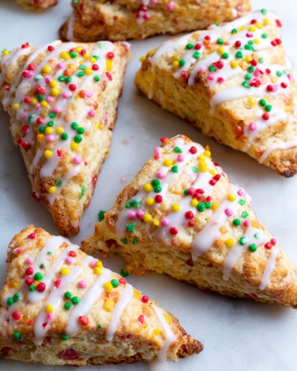 The image shows a close-up of scones on a white marbled surface. Each scone has a golden-brown, slightly rough crust with a glossy white glaze drizzled on top. Colorful rainbow sprinkles are scattered unevenly over the glaze, adding bright spots of pink, green, yellow, and orange. The scones are arranged closely, some overlapping, showing their fluffy, crumbly texture. The lighting highlights the warm tones and the smooth shine of the glaze. photo taken with an iphone --ar 4:5 --v 7