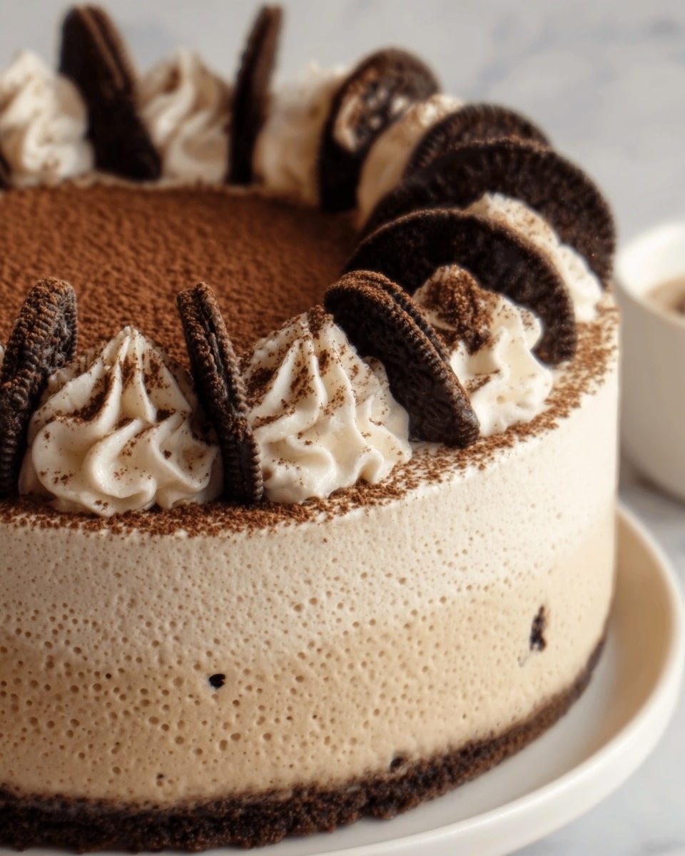 A close-up view of a round cream cake with three layers: a light brown base layer, a thick middle layer of smooth light cream, and a top layer dusted with cocoa powder. Around the edge of the top, dollops of white whipped cream stand evenly spaced, each topped with a triangular piece of dark chocolate cookie. The cake sits on a white plate, placed on a white marbled surface. The photo taken with an iphone --ar 4:5 --v 7