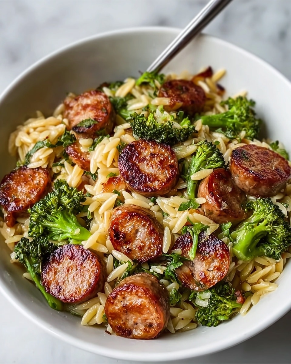 A white bowl filled with several layers of food, starting with a base of small oval-shaped pasta in a light golden color, mixed with green broccoli florets. On top, there are thick, round slices of browned sausage, showing a slightly crispy texture with a mix of reddish and brown tones. The sausage pieces are scattered evenly above and within the pasta and broccoli mix, with a metal spoon resting in the bowl. The dish is placed on a white marbled surface. Photo taken with an iphone --ar 4:5 --v 7