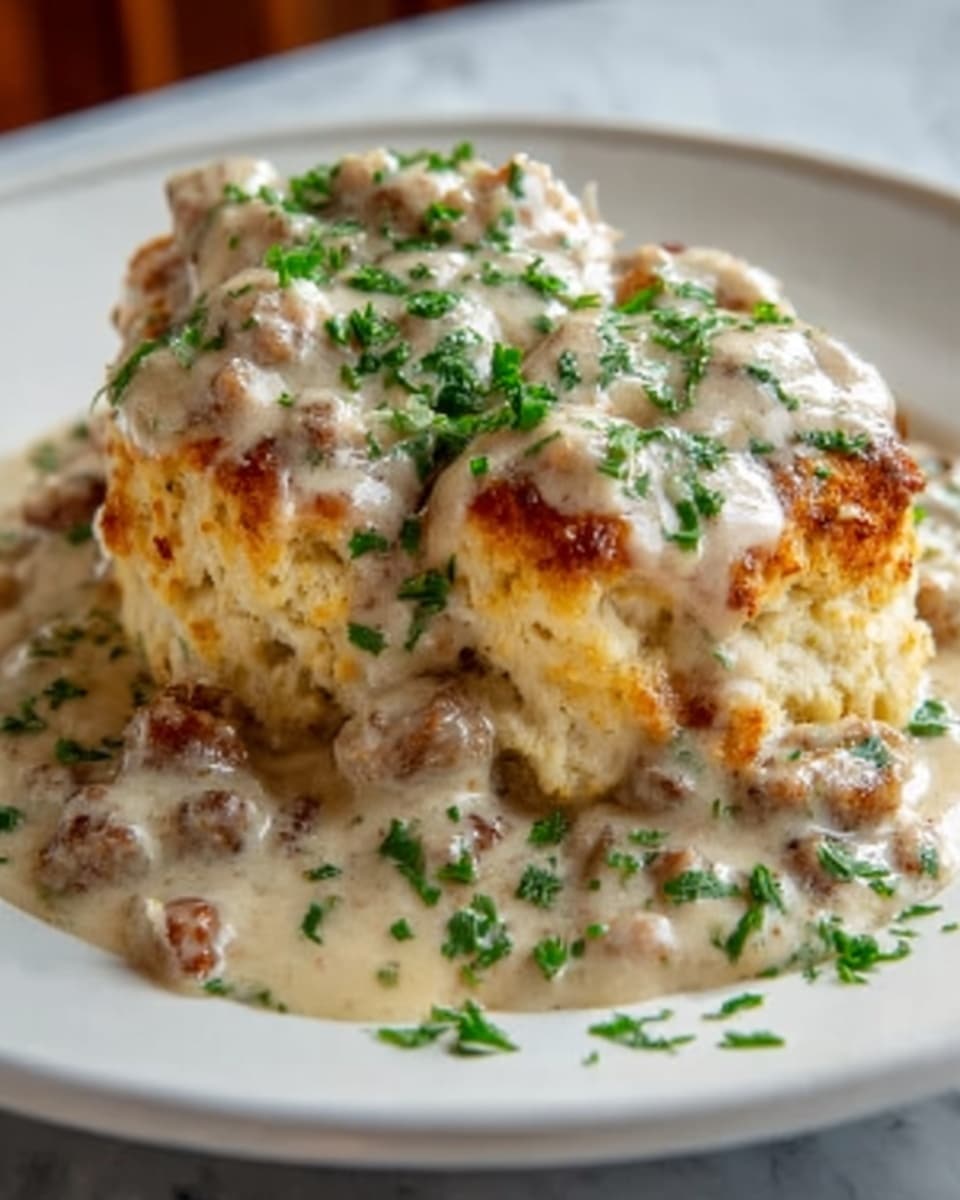 A white plate with a large, golden brown biscuit on top, layered with creamy white gravy that has visible bits of sausage. The biscuit looks soft and fluffy with a slightly crispy top, covered generously by the thick, creamy sausage gravy. Small green bits of parsley are sprinkled on top of the biscuit and around the plate, adding a fresh look. The plate is placed on a white marbled surface. photo taken with an iphone --ar 4:5 --v 7