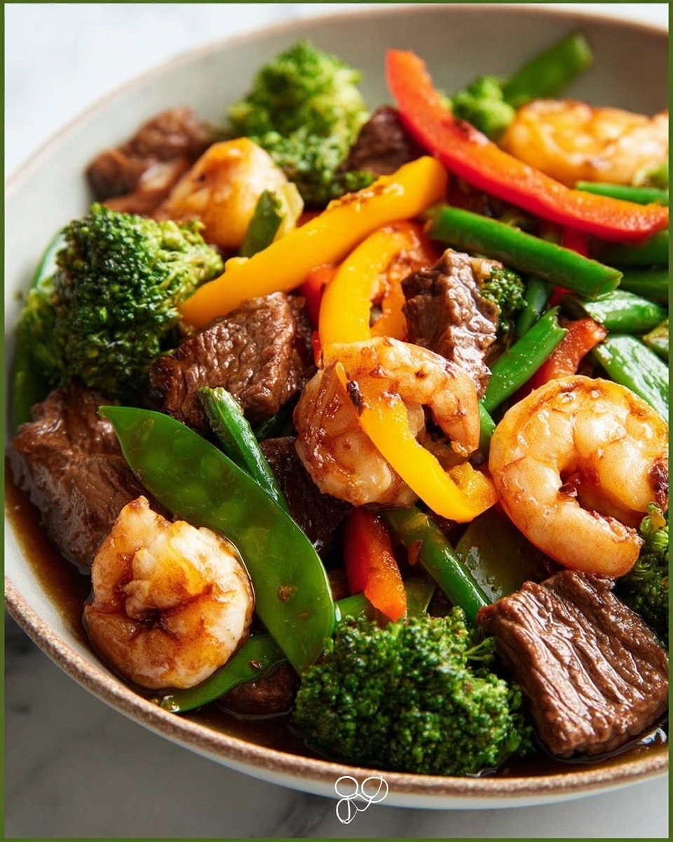 The image shows a close-up of a stir-fry dish served in a white bowl, placed on a white marbled surface. The dish has several layers: the bottom layer is made of bright green broccoli florets with a fresh and slightly shiny texture, mixed with crisp green snap peas. On top of this, there are vibrant strips of orange and yellow bell peppers spread evenly. The center layer holds juicy, browned pieces of beef with a tender texture and grill marks. Surrounding the beef are plump, pinkish-orange shrimp curled in shape, giving a fresh and cooked look. Small green herb pieces are lightly sprinkled over the dish, adding detail and color contrast. photo taken with an iphone --ar 4:5 --v 7
