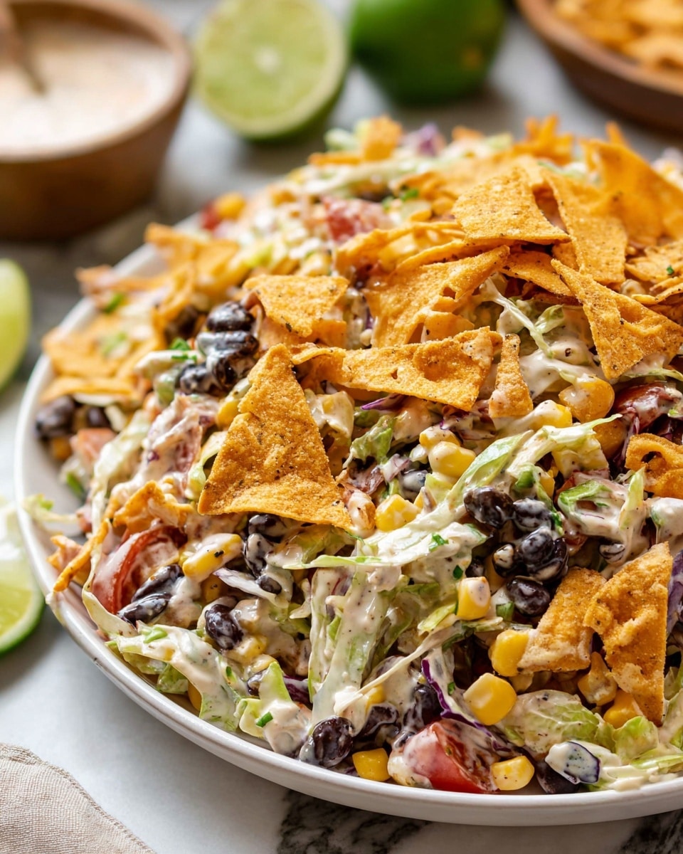 A close-up of a white bowl filled with a colorful salad that has about five layers visible: the top layer includes crunchy orange corn chips broken into pieces; below that is a mix of yellow corn kernels, black beans, finely chopped red and green bell peppers, and small bits of orange carrots; there are also shredded white cabbage pieces and light green herbs mixed throughout; the ingredients appear coated with a creamy dressing that adds a gloss on the vegetables and chips; the bowl sits on a white marbled surface with a halved lime and a wooden bowl in soft focus in the background. photo taken with an iphone --ar 4:5 --v 7