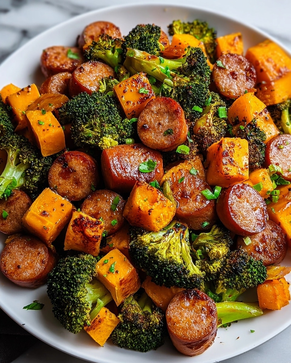 A white plate filled with a mix of roasted ingredients layered closely together, featuring thick round slices of browned sausage with a slightly glossy, crispy outside, bright green broccoli florets with toasted edges, and orange cubes of roasted sweet potatoes showing a tender texture with a light char. The dish is sprinkled with small bits of fresh green herbs, giving a fresh touch to the rich, earthy colors. The food looks juicy and well-seasoned, with a slight shine from the oil and seasoning. Photo taken with an iphone --ar 4:5 --v 7
