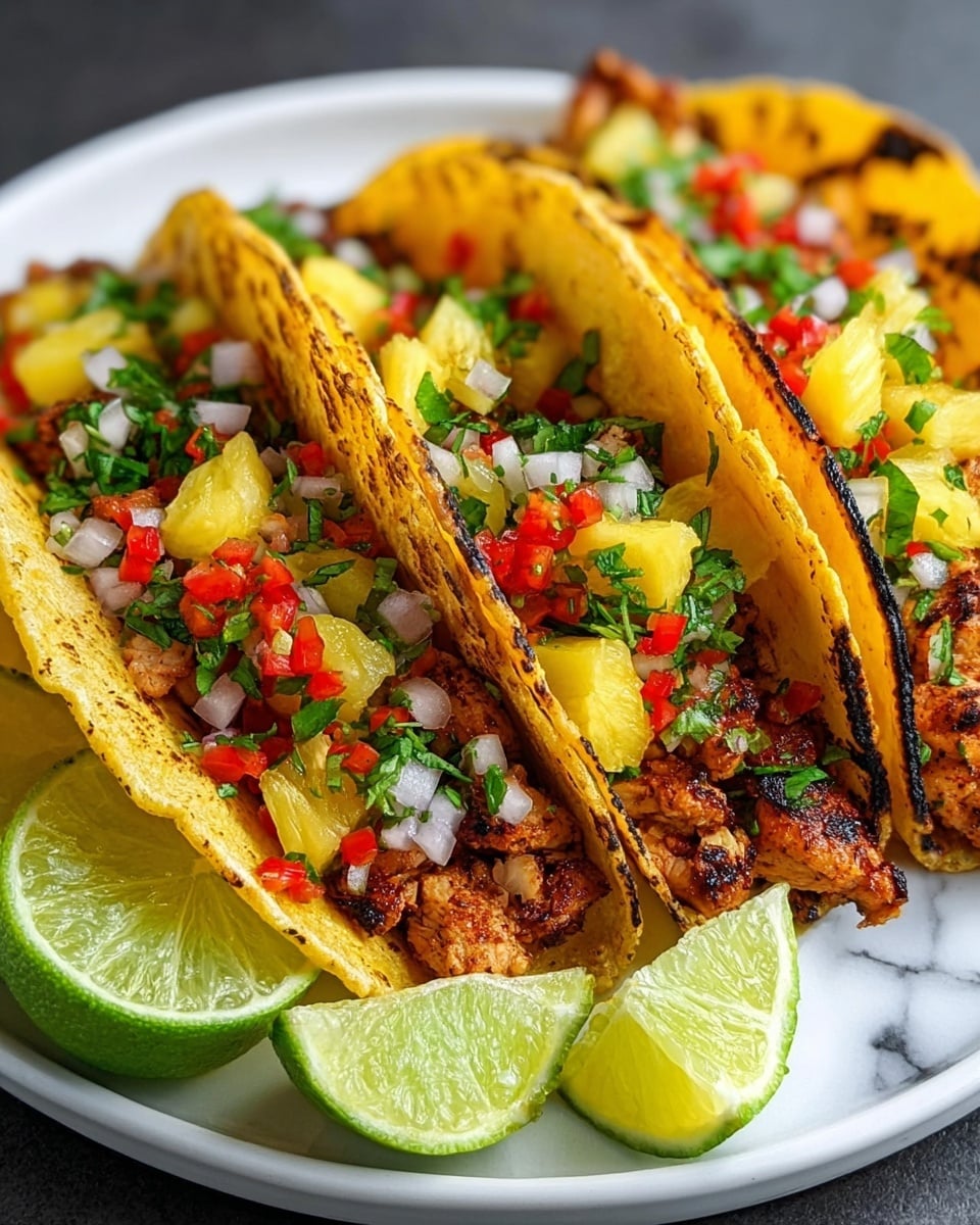 The image shows three grilled chicken tacos arranged side by side on a white plate, placed on a white marbled surface. Each taco has a lightly charred tortilla shell that is a soft golden yellow with small brown grill marks. Inside each shell, there is a layer of browned grilled chicken pieces mixed with small bright yellow pineapple chunks. On top of the chicken and pineapple layer, there is a scattering of finely chopped red bell peppers, white onions, and green cilantro leaves, adding pops of red, white, and green colors. On the side of the plate, bright green lime wedges are placed, complementing the vibrant colors and textures of the tacos. photo taken with an iphone --ar 4:5 --v 7