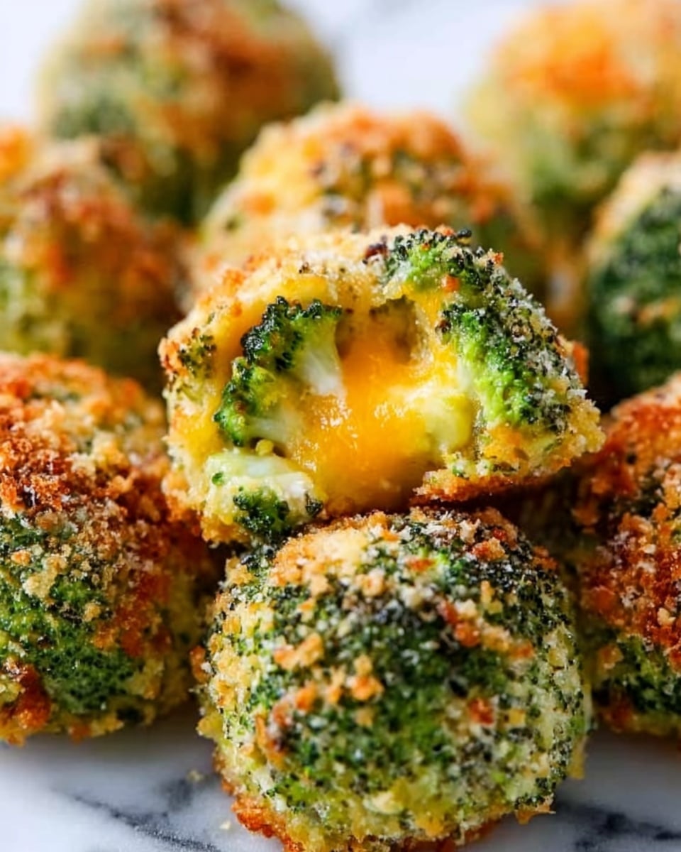 The image shows several round broccoli pieces covered in melted cheese. Each piece is made of bright green broccoli florets on the outside, with a creamy, gooey yellow-orange cheese layer oozing from the middle. The broccoli has a slightly crispy, baked texture with small brown spots on top. The pieces are placed close together on a white marbled surface, with one piece slightly torn open to show the soft cheese inside. A woman’s hand is holding the open piece from the side. Photo taken with an iphone --ar 4:5 --v 7