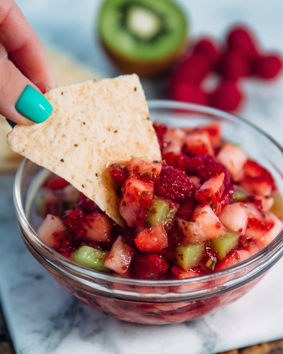 The image shows a clear glass bowl filled with a colorful, mixed fruit salsa consisting of finely chopped red strawberries, pink watermelon, green kiwi, and red raspberries, with one whole raspberry and a small green leaf on top. A woman's hand with turquoise-painted nails is dipping a large, light brown, slightly textured pita chip into the salsa. In the background, there is a sliced green kiwi partially visible, and the whole scene is set against a white marbled texture. The fruit salsa has a juicy and fresh look with a mix of textures from soft and chopped fruits. photo taken with an iphone --ar 4:5 --v 7