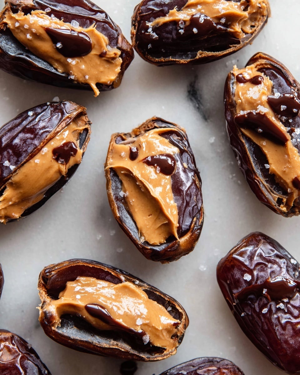 The image shows several dark brown dates that are each cut open and filled with a light brown creamy peanut butter layer. On top of the peanut butter, there is a shiny drizzle of dark chocolate, adding a glossy texture and extra detail. Small white flakes, likely sea salt, are scattered over the dates, giving a contrast in color and texture. The dates are placed directly on a white marbled surface, with a few drops of chocolate sauce visible around them. The overall look is rich and textured with a mix of smooth, creamy, and glossy layers. photo taken with an iphone --ar 4:5 --v 7