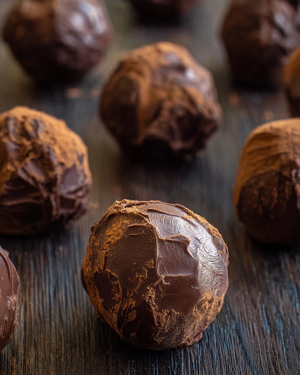 The image shows several round chocolate truffles with a rough, textured surface. Each truffle has layers of dark brown chocolate coating that appears unevenly spread, creating swirls and ridges. The truffles are arranged in rows on a dark wooden surface, emphasizing their rich brown color and shiny patches where the light hits. The overall look is rustic and homemade, with each truffle having unique shapes and textures. photo taken with an iphone --ar 4:5 --v 7