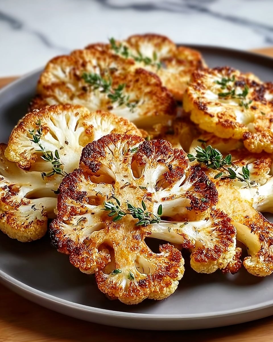 The image shows a round plate filled with seven pieces of roasted cauliflower steaks. Each cauliflower slice is golden brown with crispy edges and some darker charred spots. The slices are arranged closely together, mostly flat, with visible textures of florets and stems that are soft inside but crispy outside. Small green herb leaves are scattered on top, adding fresh contrast to the warm colors of the cauliflower. The plate is on a white marbled surface. photo taken with an iphone --ar 4:5 --v 7