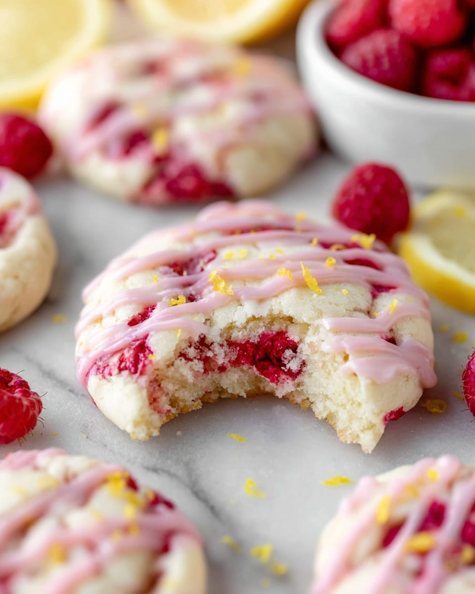 The image shows soft, round cookies with a light, fluffy texture and layers of white dough mixed with bright red raspberry pieces. The cookies are topped with a drizzle of pale pink icing and sprinkled with small yellow lemon zest bits and sugar crystals. One cookie in the center has a bite taken out, revealing the soft inside. Around the cookies are fresh raspberries, lemon slices, and a white bowl with more raspberries on a white marbled surface. The scene is close-up, giving a fresh and inviting look. photo taken with an iphone --ar 4:5 --v 7